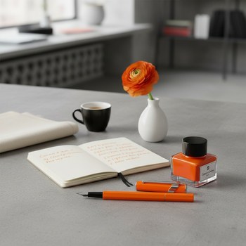 Preview: Caran d'Ache 849 Fuellfederhalter in leuchtendem Fluo-Orange mit Stahlfeder neben dem Caran d'Ache Tintenfass mit orangener Tinte auf modernem Beton-Schreibtisch, mit A6-Notizbuch in oranger Handschrift, Ranunkel und Espresso. Frisches Kreativ-Studio. Tri