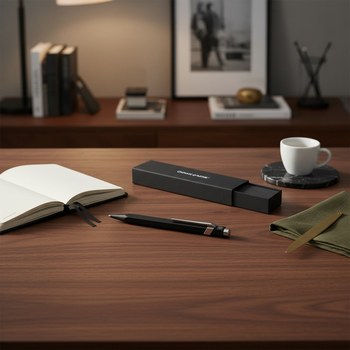 Preview: Caran d'Ache 849 Rollerball in mattem Schwarz flach liegend neben dem geoeffneten schwarzen Caran d'Ache Etui auf dunklem Walnussholz, mit Leder-Notizbuch, Espresso auf schwarzem Marmor und Brieffoeffner. Klassischer Gentleman-Schreibtisch. Trixi Gronau C