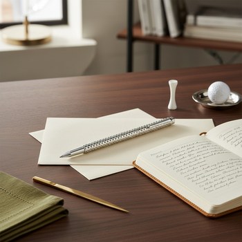Preview: Caran d'Ache Ecridor GOLF rollerball with silver dimple pattern on cream letter paper, with tan leather notebook, a white golf tee and a golf ball on a walnut desk. Classic writing study. Trixi Gronau Concept Store, Hamburg.