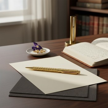 Preview: Caran d'Ache Ecridor SUNLIGHT GOLD Kugelschreiber mit guillochiertem Gold-Korpus auf Leder-Notizbuch in cognac auf dunklem Walnuss-Schreibtisch, mit Manschettenknoepfen und getrockneter Iris. Edles Gentleman-Arbeitszimmer. Trixi Gronau Concept Store, Hamb