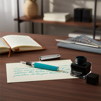 Preview: Caran d'Ache LEMAN Bicolor Fuellfederhalter in glaenzendem Tuerkis mit silbernen Beschlaegen, neben dem original Caran d'Ache Tintenfass mit tuerkis-blauer Tinte auf dunklem Walnuss-Schreibtisch, cognac Leder-Notizbuch und Brieffoeffner. Edles Schreib-Ate