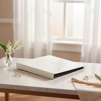 Preview: Trixi Gronau ISA photo album ivory white crocodile-embossed Skivertex on pale marble with lily of the valley, pearl earrings and silver pen in bright bridal suite