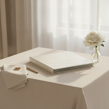 Preview: Trixi Gronau ISA Fotoalbum Iguana-Praegung weiss auf Leinentischdecke mit weisser Pfingstrose, goldenem Ehering und Goldstift in heller Hochzeitssuite