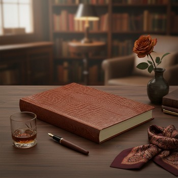 Preview: Trixi Gronau ISOLA Fotoalbum 23x30 Croco-Praegung cognac-braun auf Walnussholz-Schreibtisch mit Cognac, dunkler Rose, Messingstift und Paisley-Seidentuch in eleganter Bibliothek