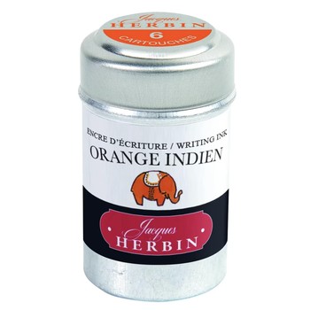 Jacques Herbin Orange Indien Tintenpatronen in silberfarbener Aluminiumdose mit orangefarbenem Elefanten auf dem Etikett