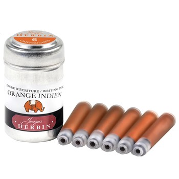 Preview: Aluminiumdose Jacques Herbin Orange Indien und daneben sechs orangefarbene Tintenpatronen