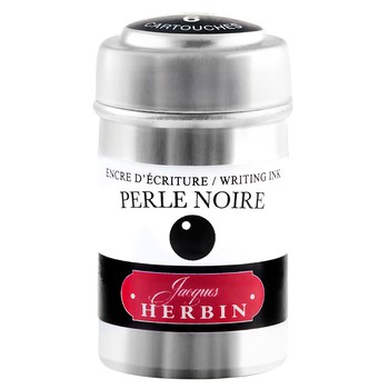 Jacques Herbin Perle Noire Tintenpatronen in silberfarbener Aluminiumdose mit schwarz-weißem Etikett