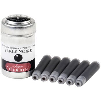 Preview: Aluminiumdose Jacques Herbin Perle Noire und daneben sechs schwarze Tintenpatronen