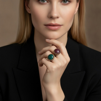 Preview: KMO Cocktail Ring DOUBLE bordeaux am Mittel- und Ringfinger einer eleganten Frau mit schulterlangem, naturblondem Haar, Hand sanft an Kinn und Hals gelegt. Toi-et-Moi Doppel-Ring mit zwei geschliffenen Steinen in tiefem Smaragdgruen und Bordeauxrot, jewei