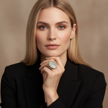 Preview: KMO Cocktail Ring NIKA hellblau on the middle finger of an elegant blonde woman with shoulder-length natural hair, hand softly raised to her chin and neck. Large oval dome ring with pale-blue exotic-skin scales in the centre and warm champagne-gold pavé h
