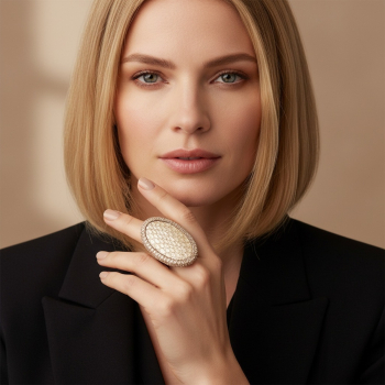 Preview: KMO Cocktail Ring NIKA natural on the middle finger of an elegant blonde woman with shoulder-length natural hair, hand softly raised to her chin and neck. Large elongated oval dome ring with cream-natural exotic-skin scales in the centre and warm beige-ch