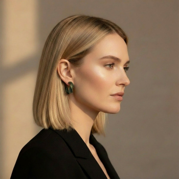 Preview: KMO Creolen SPIRELLI gruen on the ear of an elegant blonde woman with shoulder-length natural hair. Sculptural statement half-hoop in a spiral-curl shape, densely set with fine dark moss-green glitter pavé. Three-quarter profile, hair tucked behind the ea
