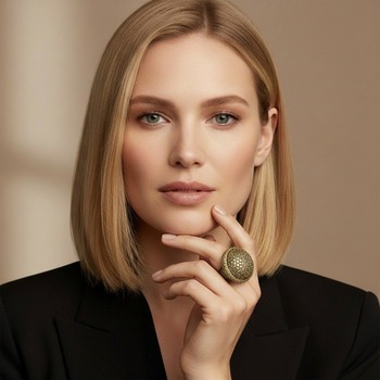 Preview: KMO Ring MONA LISA Statement oliv-gruen am Mittelfinger einer eleganten Frau mit schulterlangem, naturblondem Haar, Hand sanft an Kinn und Hals gelegt. Grosser runder Dome-Ring mit dicht gesetztem Silber-Pavé auf der oberen Haelfte und warm oliv-goldenem 