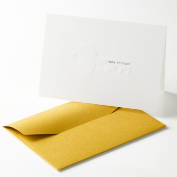 Le Typographe, New Address moving card in white Letterpress gold and blind embossing key