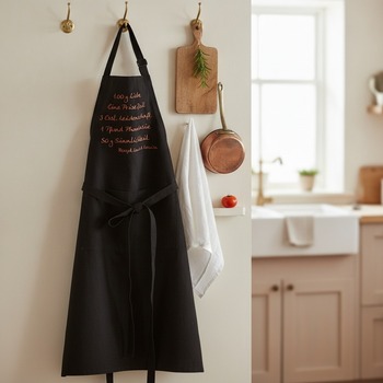 Preview: Louis Louisa Schürze LIEBESREZEPT schwarz mit weißer Skript-Stickerei deutsches Rezept, hängend an gebürstetem Messinghaken vor warm weißer Küchenwand, daneben kleines Holzbrett mit Rosmarinzweig, vintage Kupfertopf, gefaltetes Leinengeschirrtuch und fris