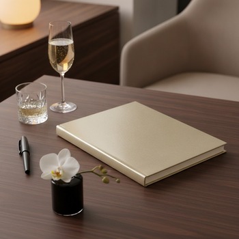 Preview: Trixi Gronau MAZZO A4 notebook Skivertex metallic gold on walnut desk with champagne and white orchid
