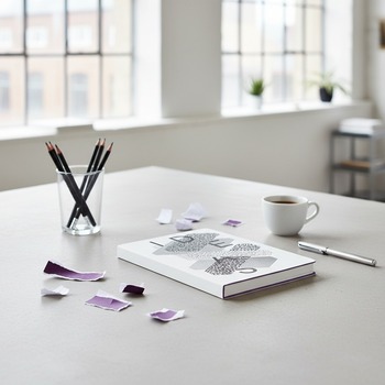 Preview: Nuuna Notizbuch A5 IDEAS BY HEYDAY weiss mit schwarzem Typo-Druck und violettem Seitenschnitt auf hellem Betontisch mit Zeichenstiften, Papierschnipseln und Espresso im Berliner Loft-Studio
