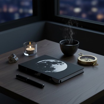 Preview: Nuuna A5 notebook MOON matte black with silver moon print on dark walnut wood with tea light, black tea, brass astronomy compass and smoky quartz under deep blue night sky