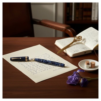 Preview: Omas PARAGON rollerball pen in deep blue celluloid with distinctive marbled translucent pattern and silver-tone trim, lying at slight angle on folded cream cotton-paper letter half written in blue ink on dark walnut writing desk with small leather noteboo