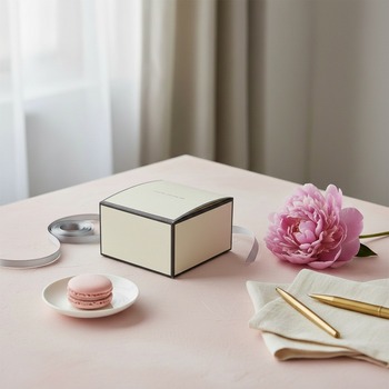 Preview: Re della Carta Faltbox A SPECIAL GIFT FOR YOU creme bedrucktes Papier mit elegantem Schriftzug auf dem Deckel, stehend auf zart gewaschenem hellrosa Putztisch mit schmalem Geschenkband daneben, zarter Pfingstrosenblüte, kleinem Porzellantellerchen mit Mac