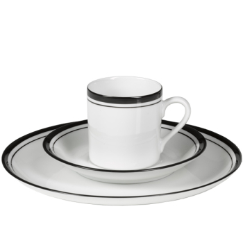 Espressotasse, Porzellan, weiß mit schwarzen Linienführung, Reichenbach mit kleinem Teller