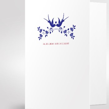 Trixi Gronau • Vögel Hochzeitskarte, Farbe weiss, Druck rotund blau Detail