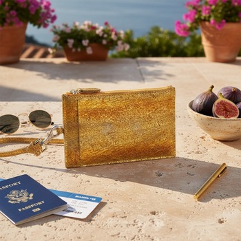 Preview: Trixi Gronau RIZZI Brustbeutel gold Schlangenleder-Prägung mit Reissverschluss und Handschlaufe, auf warmem Travertin mit Reisepass, Boardingpass, Vintage-Sonnenbrille gold, Messingstift und frischen Feigen auf eleganter italienischer Riviera-Terrasse