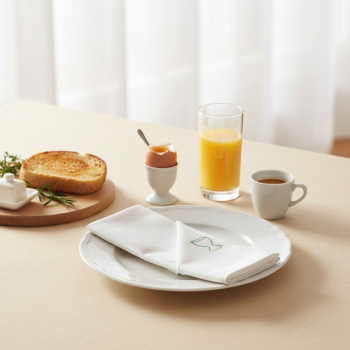 Preview: Trixi Gronau Stoffserviette BREAKFAST weisse Damast-Baumwolle mit grünem Eierbecher-Stickmotiv, auf modernem Frühstückstisch mit Eierbecher, Toast, Espresso und frischem Orangensaft im hellen skandinavischen Morgenlicht
