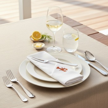 Preview: Trixi Gronau Stoffserviette LOBSTER weisse Damast-Baumwolle mit orange-rotem Hummer-Stickmotiv, auf modernem Sommer-Seafood-Tisch mit Hummergabel, Weisswein, Zitrone, Dill und geschmolzener Butter in heller Küsten-Atmosphäre