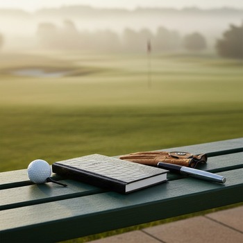 Preview: Trixi Gronau GOLF Diary black crocodile-embossed glossy leather with silver lettering on green wooden bench of golf clubhouse terrace with golf ball, tee, leather glove and chrome ballpoint pen