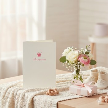 Preview: Trixi Gronau baby card PRINZESSIN, B6 portrait in cream ivory linen-textured paper with a small pink royal crown, tiny gold gem accent and Prinzessin in delicate pink italic script. On a cream knitted blanket over light-oak surface, beside a tender bouque