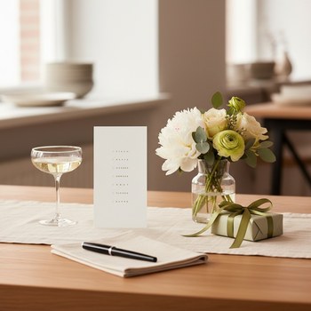 Preview: Trixi Gronau Einladungs-Postkarte aus Set Oliv-Gruen, schmale DL Hochformat-Postkarte in weissem Papier mit vertikaler Menue-Checkliste FISCH PASTA SUESSES GEMUESE BROT FLEISCH SUPPE, jeweils mit kleinem leeren Kaestchen davor, in feinen oliv-gruenen gesp