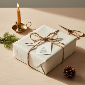 Preview: Trixi Gronau Weihnachts-Geschenkanhaenger MERRY CHRISTMAS, weisser Papier-Tag mit Tannenbaum-Form aus gestapelten Merry Christmas-Schriftzuegen in Dunkelgruen und kleinem Stern oben. Mit Juteband an einem cremefarbenen, in Leinen-Papier verpacktem Geschen