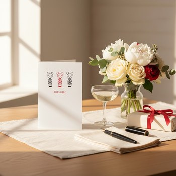 Preview: Trixi Gronau Glueckwunschkarte ALLES LIEBE, B6 Hochformat in weissem Perlglanzpapier mit drei stilisierten Chinese-Papercut-Maedchen-Figuren in gemusterten Kleidern und roter Sans-Serif-Typo. Auf warmem Eichen-Schreibtisch mit cremefarbenem Leinen-Laeufer
