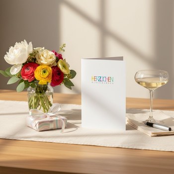 Preview: Trixi Gronau Glueckwunschkarte COLOR Herzlichen Glueckwunsch, B6 Hochformat in weissem Perlglanzpapier mit dem Wort HERZLICHEN in verspielten ueberlappenden Regenbogen-Farben (gelb, orange, magenta, blau, gruen, tuerkis) und GLUECKWUNSCH darunter in feine