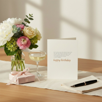 Preview: Trixi Gronau Glueckwunschkarte HAPPY BIRTHDAY, B6 Hochformat in weissem Perlglanzpapier mit feinem grauen Text-Block aus Feier-Stichwoertern und happy birthday in kupfer-orange Italic-Schreibschrift. Auf warmem Eichen-Schreibtisch mit cremefarbenem Leinen