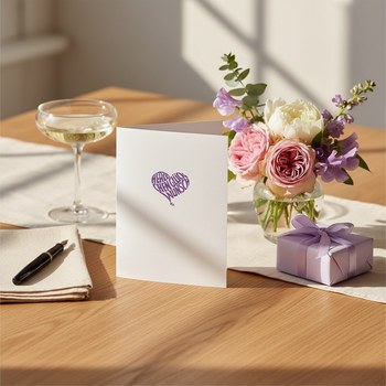 Preview: Trixi Gronau Glueckwunschkarte HERZ-lichen, B6 Hochformat in weissem Perlglanzpapier mit den Worten Herzlichen Glueckwunsch in Herzform angeordnet, in tiefem Lila-Violett. Auf warmem Eichen-Schreibtisch mit cremefarbenem Leinen-Laeufer, daneben Bouquet au