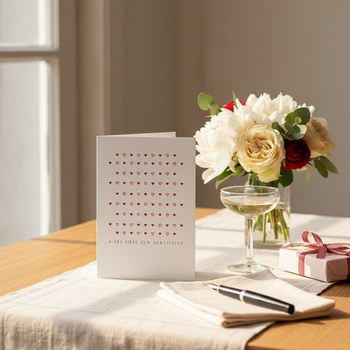 Preview: Trixi Gronau Glueckwunschkarte SMALL HEART (Alles Liebe zum Geburtstag), B6 Hochformat in weissem Perlglanzpapier mit feinem Raster aus kleinen roten Herzen. Auf warmem Eichen-Schreibtisch mit cremefarbenem Leinen-Laeufer, daneben Bouquet aus weissen Pfin