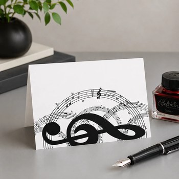 Preview: Trixi Gronau CLEF treble-clef music greeting card, B6 landscape in white paper with an elegant black treble clef and fine musical staves across the card. On a light oak desk with a small vase of white peonies, eucalyptus and charcoal delphinium, an elegan