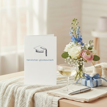 Preview: Trixi Gronau DR. HUT congratulations card for a doctoral graduation, B6 portrait in white paper with a small refined blue line-art doctoral cap with tassel centered on the upper third, and below in fine blue script herzlichen glueckwunsch. On a light oak 