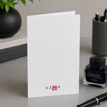 Preview: Trixi Gronau GIVE ME A SIGN greeting card, A6 portrait in white paper with a small deep-red square centered in the lower middle containing the word sign in fine white sans-serif lowercase, and to its left the phrase give me a in fine grey serif lowercase.