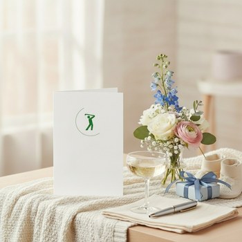 Preview: Trixi Gronau GOLF greeting card, B6 portrait in white paper with a small graphic golfer mid-swing in fine dark-green lines, framed by a delicate green arc, centered on the upper third. On a light oak desk with a small vase of white peonies, eucalyptus and
