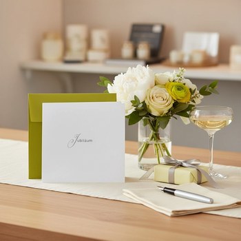 Preview: Trixi Gronau JUBILAEUM jubilee greeting card, 145x145 mm square in white paper with the single word Jubilaeum in fine grey serif script with an elegant flourished J centered on the card. A bright yellow-lime envelope is partly visible underneath as a colo