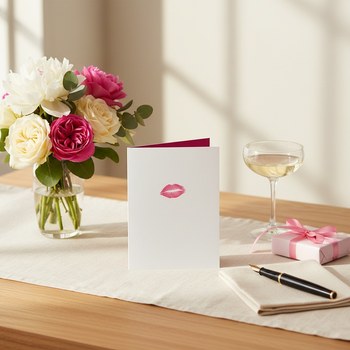 Preview: Trixi Gronau greeting card LIPPENBEKENNTNISSE, B6 portrait. Outer white pearlescent paper with a pink lipstick kiss, inner magenta-pink. On a warm light-oak desk with cream linen runner, beside a bouquet of white peonies, hot pink garden roses, pink peoni