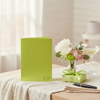 Preview: Trixi Gronau LUCKY PIG Glueckskarte, B6 Hochformat in lebendig limonengruenem Perlmuttpapier mit kleinem minimalistischem schwarzen Schweinchen-Tinten-Silhouette in der unteren rechten Ecke, witzig und reduziert. Aufgestellt auf hellem Eichen-Schreibtisch