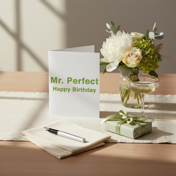 Preview: Trixi Gronau Grusskarte MR. PERFECT Happy Birthday, B6 Hochformat in weissem Perlglanzpapier mit bold blattgruener Sans-Serif-Typo. Auf warmem Eichen-Schreibtisch mit cremefarbenem Leinen-Laeufer, daneben Bouquet aus weissen Pfingstrosen, cremefarbenen Ro
