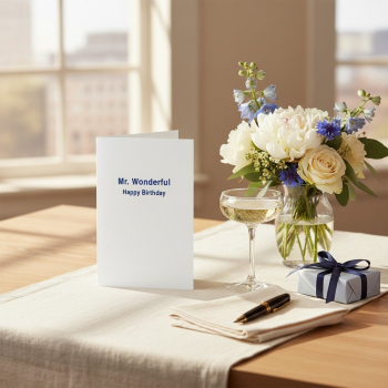 Preview: Trixi Gronau Grusskarte MR. WONDERFUL Happy Birthday, B6 Hochformat in weissem Perlglanzpapier mit bold navy-blauer Sans-Serif-Typo. Auf warmem Eichen-Schreibtisch mit cremefarbenem Leinen-Laeufer, daneben Bouquet aus weissen Pfingstrosen, cremefarbenen R