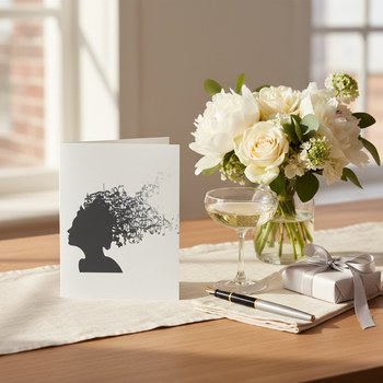 Preview: Trixi Gronau greeting card MUSIC HEAD, B6 portrait in white pearlescent paper with a stylised dark-grey silhouette of a woman's head with a cloud of music notes, clefs and treble symbols flowing out like windswept hair. On a warm light-oak desk with cream