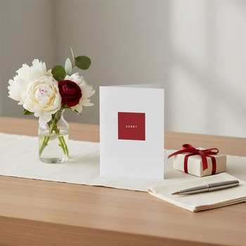 Preview: Trixi Gronau greeting card SORRY, B6 portrait in white paper with one single deep-red square centered in the upper half, with the word SORRY in fine white sans-serif capitals inside the red square. Minimalist and dignified. On a light-oak desk with a crea