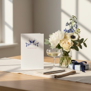 Preview: Trixi Gronau Hochzeitskarte BIRDS Hochzeit, B6 Hochformat in weissem Perlglanzpapier mit stilisierten navy-blauen Schwalben auf filigranem Zweig und soft-pinker Typo. Auf warmem Eichen-Schreibtisch mit cremefarbenem Leinen-Laeufer, daneben Bouquet aus wei